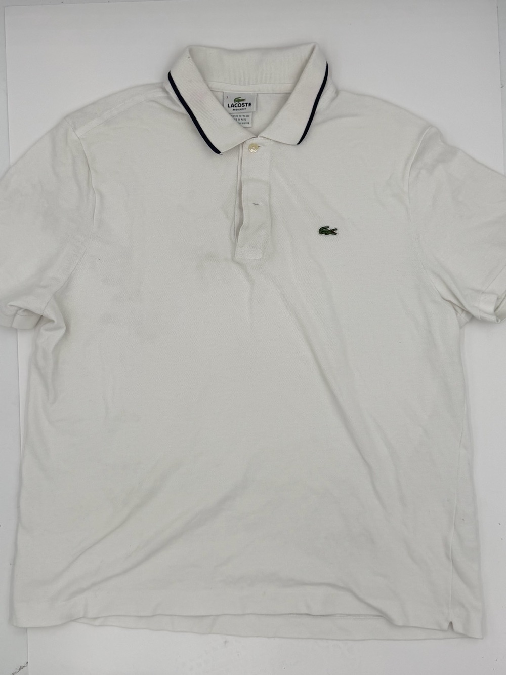 Lacoste White Polo with Navy-Trim Collar and Green Crocodile